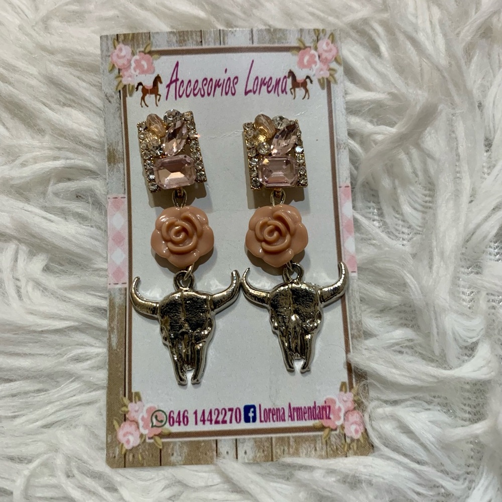 Pink diamonds, Bull, pink rose cowgirl earrings